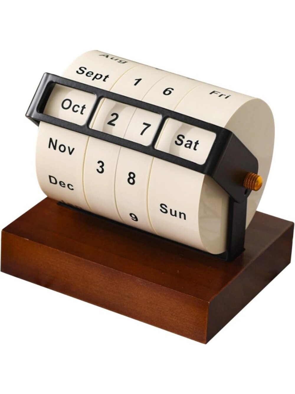 Wooden Rotary Perpetual Desk Calendar - Reusable Month Week Day Date Display